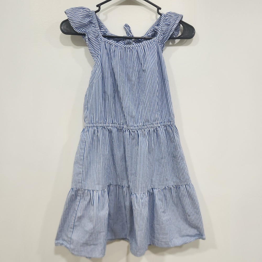 Girl's Crewcuts Blue White Striped Ruffle Tiered Dress Smocked Back Size 14